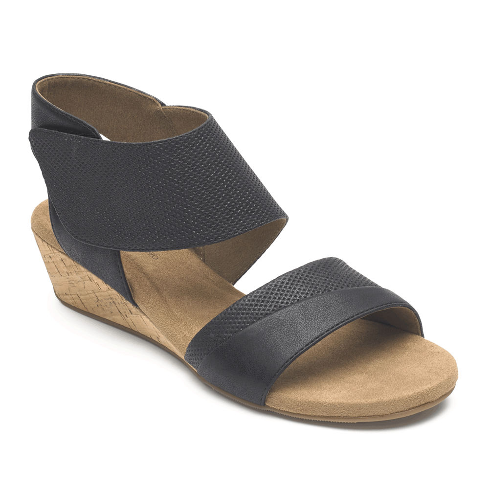 Rockport Womens Calia Mid Wedge Cuff - Sandals Black - DNO605341